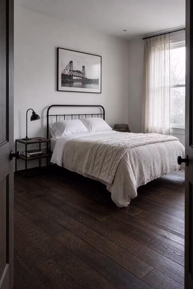 13 Bold Industrial Bedroom Ideas for a Raw Retreat 13 Dark-stained wide-plank oak floors anchoring an aged iron bed frame with warm white bedding under cool, even daylight.