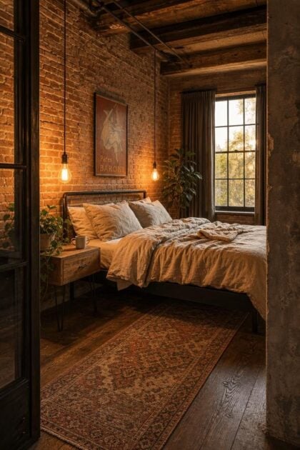 13 Bold Industrial Bedroom Ideas for a Raw Retreat A warm industrial bedroom with a steel platform bed, exposed brick, Edison bulb pendants, and raw linen bedding in golden afternoon light.