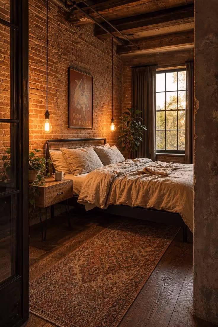 A warm industrial bedroom with a steel platform bed, exposed brick, Edison bulb pendants, and raw linen bedding in golden afternoon light.