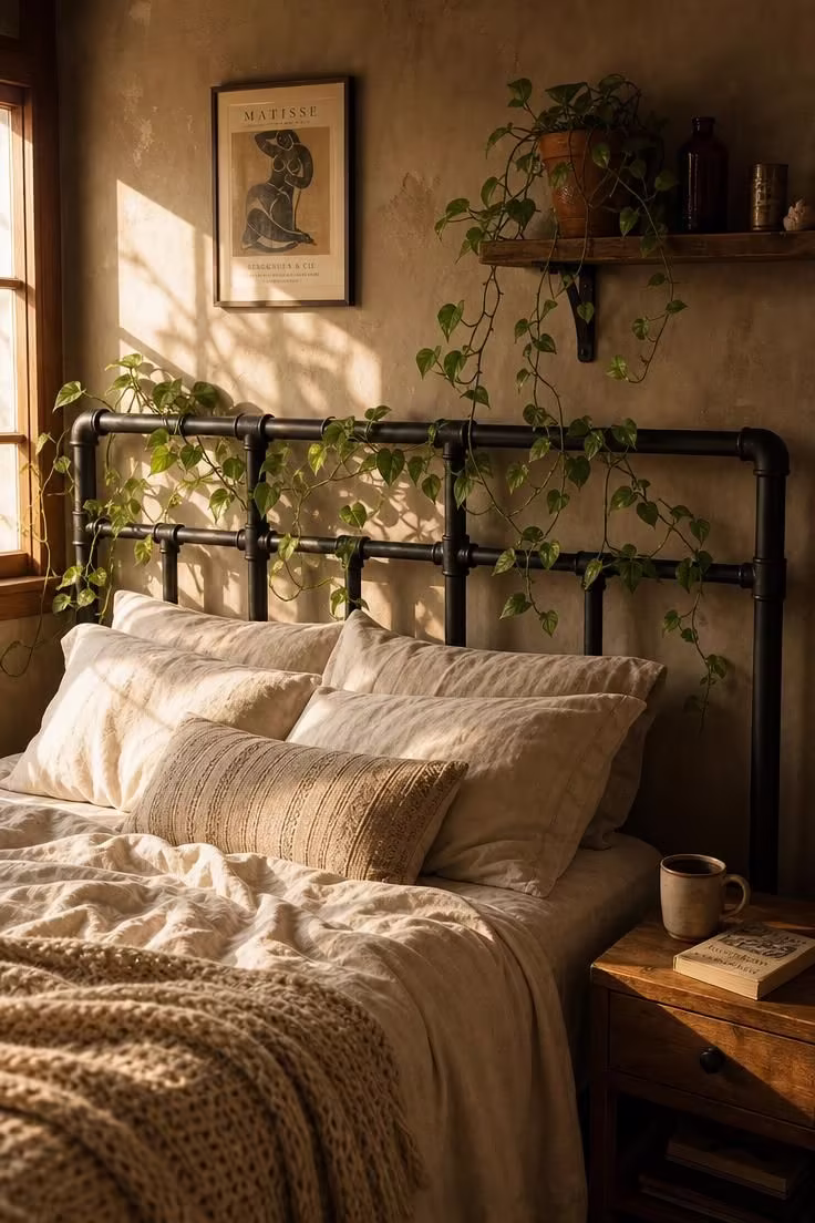 11 Warm Industrial Boho Bedroom Ideas You Can Recreate 1 Black iron pipe headboard with trailing pothos vines against a taupe wall in an industrial boho bedroom with warm golden light.