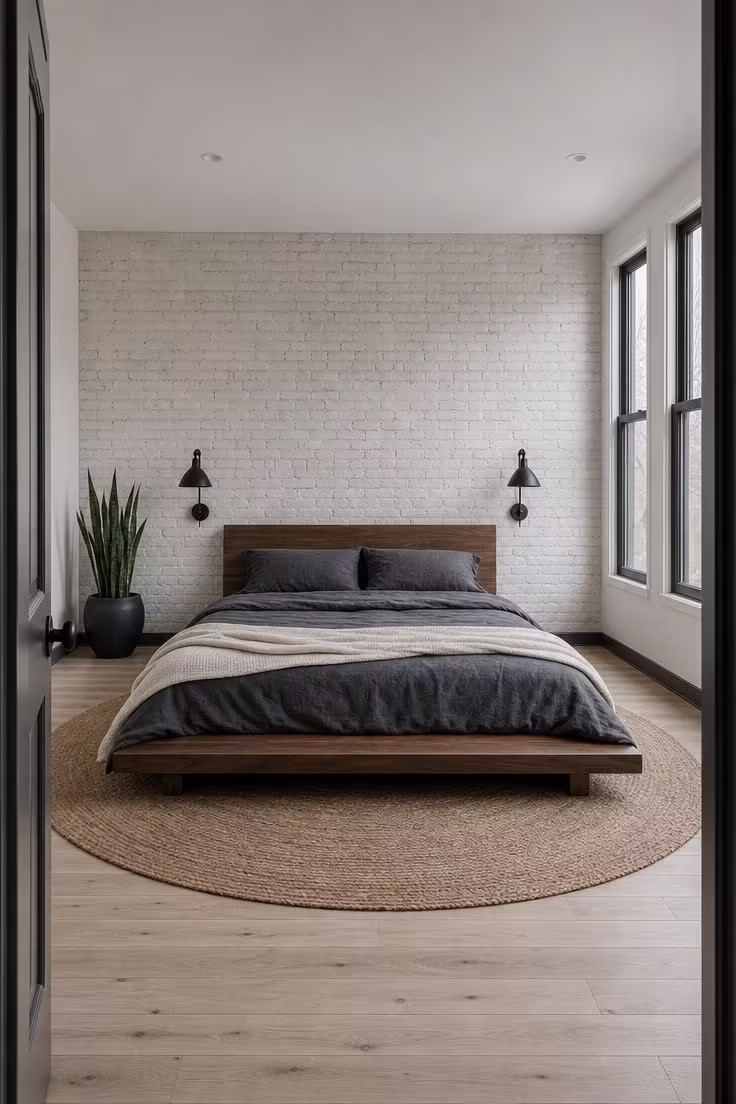11 Warm Industrial Boho Bedroom Ideas You Can Recreate 2 Whitewashed exposed brick bedroom wall behind a low walnut platform bed with charcoal linen bedding and cool overcast light.