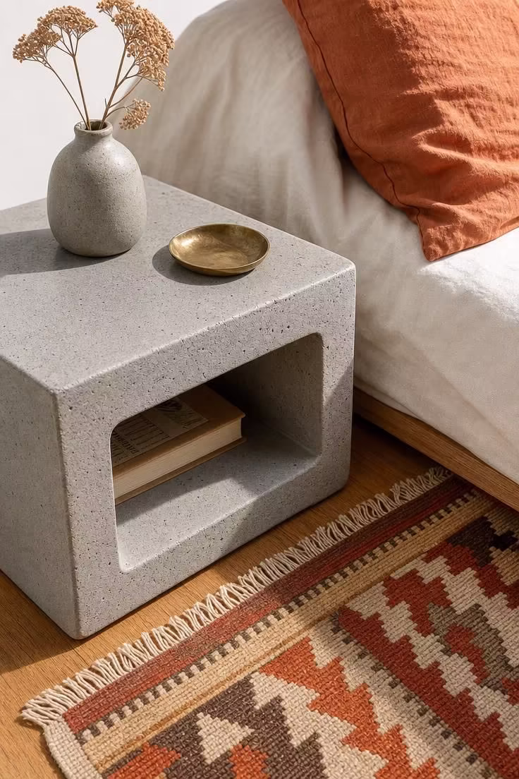 11 Warm Industrial Boho Bedroom Ideas You Can Recreate 3 Close-up of a concrete nightstand beside a bed with a vintage kilim runner on the floor in bright midday light.