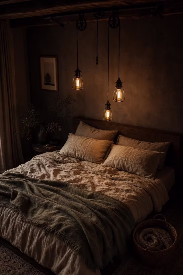 11 Warm Industrial Boho Bedroom Ideas You Can Recreate 4 Edison bulb lighting hanging from a pulley system over oatmeal linen bedding in a moody low-light industrial boho bedroom.
