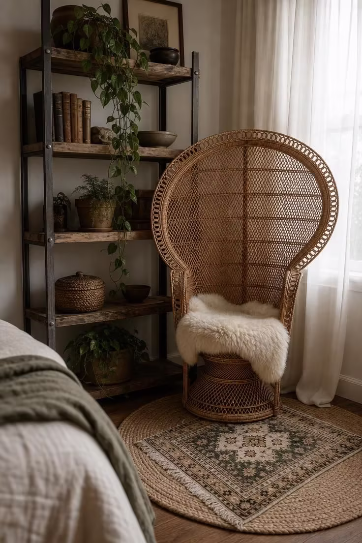 11 Warm Industrial Boho Bedroom Ideas You Can Recreate 5 Woven rattan peacock chair with sheepskin throw beside raw steel shelving with plants in soft diffused light.