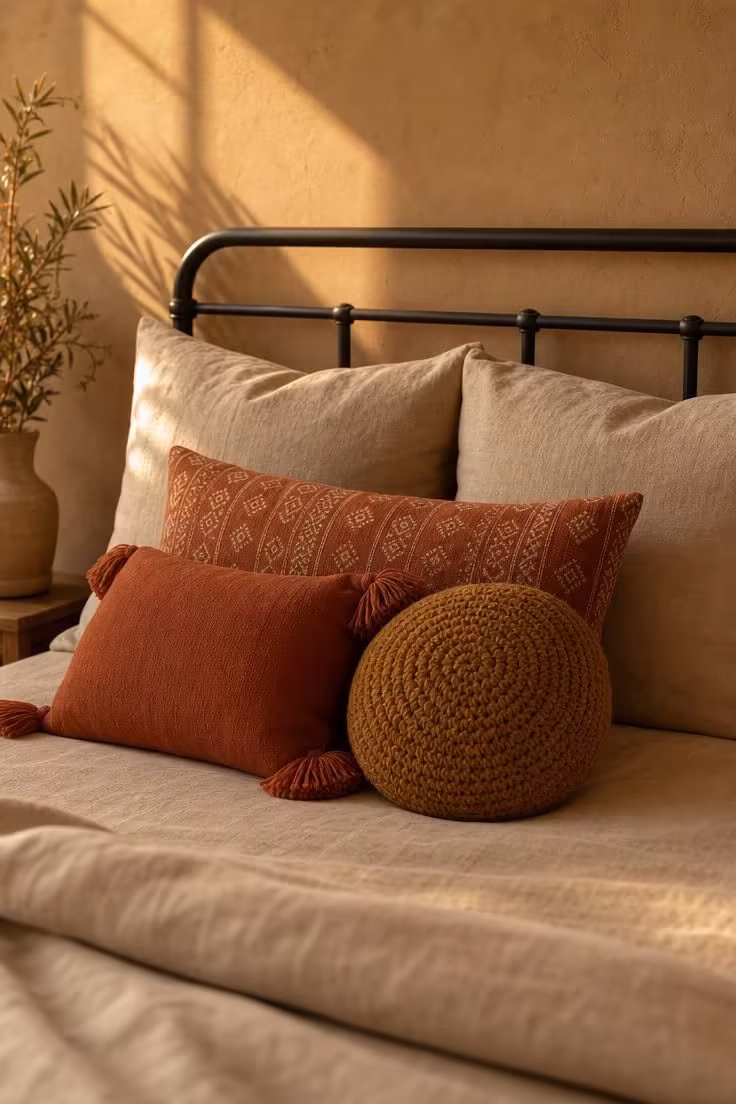 11 Warm Industrial Boho Bedroom Ideas You Can Recreate 6 Terracotta and burnt sienna throw pillows arranged on a matte black iron bed frame with warm golden hour light.