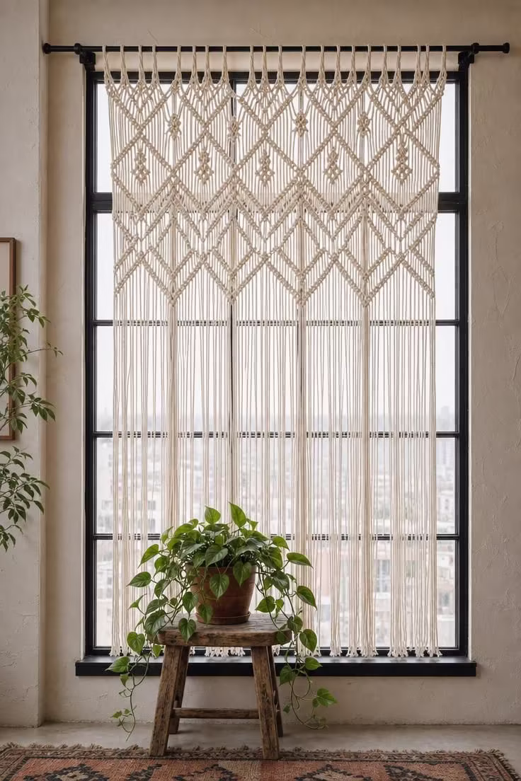 11 Warm Industrial Boho Bedroom Ideas You Can Recreate 7 Macramé curtain panel framing a factory-style window with cool overcast light filtering through the knotted design.