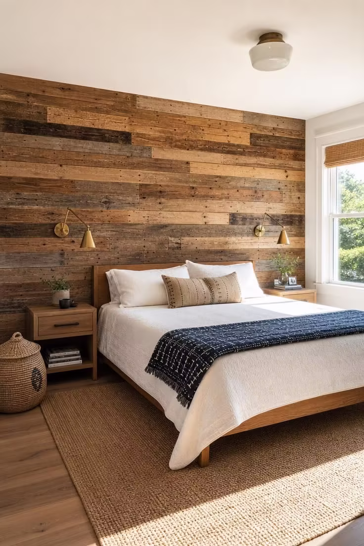 11 Warm Industrial Boho Bedroom Ideas You Can Recreate 8 Reclaimed barnwood accent wall behind a bed with brass sconce fixtures in bright midday light.