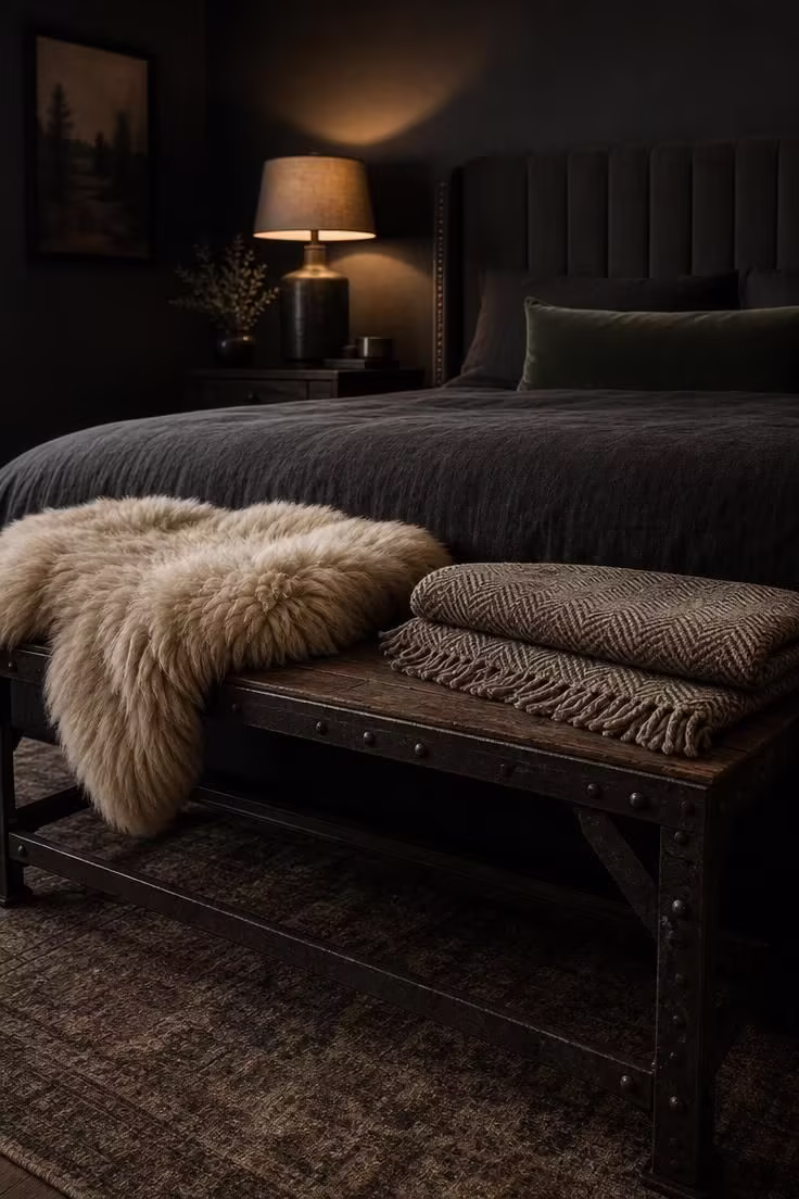 11 Warm Industrial Boho Bedroom Ideas You Can Recreate 9 Sheepskin draped over a vintage metal bench at the foot of a bed with moody low light and charcoal linen bedding.