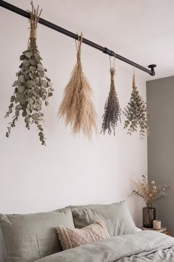 11 Warm Industrial Boho Bedroom Ideas You Can Recreate 10 Dried eucalyptus and pampas grass bundles hanging from an exposed ceiling pipe with soft diffused light.