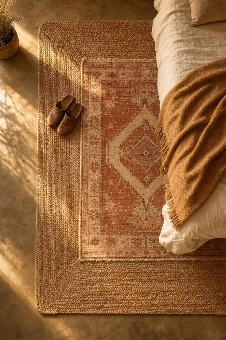 11 Warm Industrial Boho Bedroom Ideas You Can Recreate 11 Overhead view of a jute area rug layered with a Moroccan rug over polished concrete flooring in warm golden light.