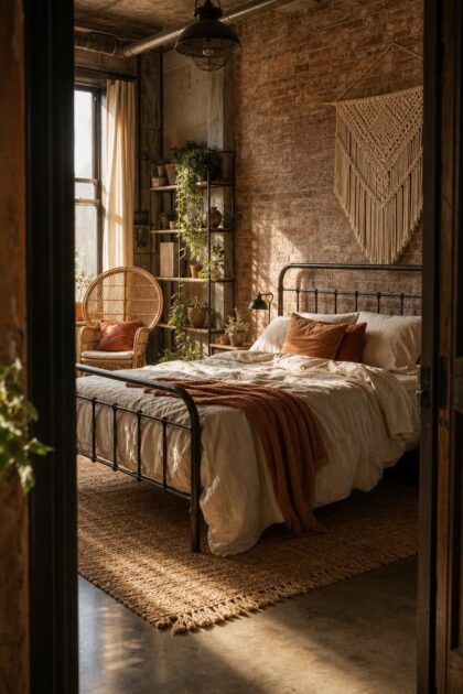 11 Warm Industrial Boho Bedroom Ideas You Can Recreate Industrial boho bedroom with black iron bed frame, exposed brick, macramé wall hanging, and warm golden afternoon light.