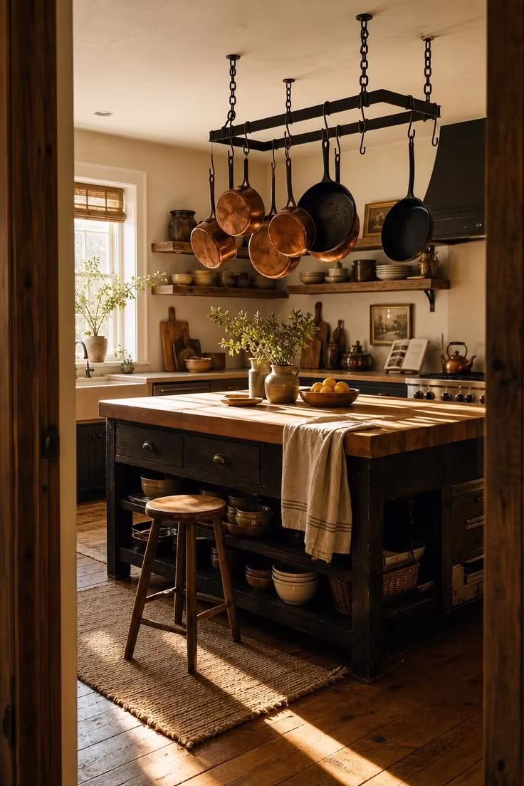 Matte black iron pot rack hanging over a butcher block island in an industrial boho kitchen with warm golden light