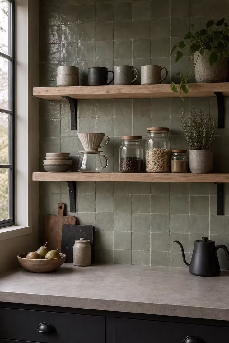 Sage green zellige tile backsplash behind open pine shelves in an industrial boho kitchen with cool overcast light