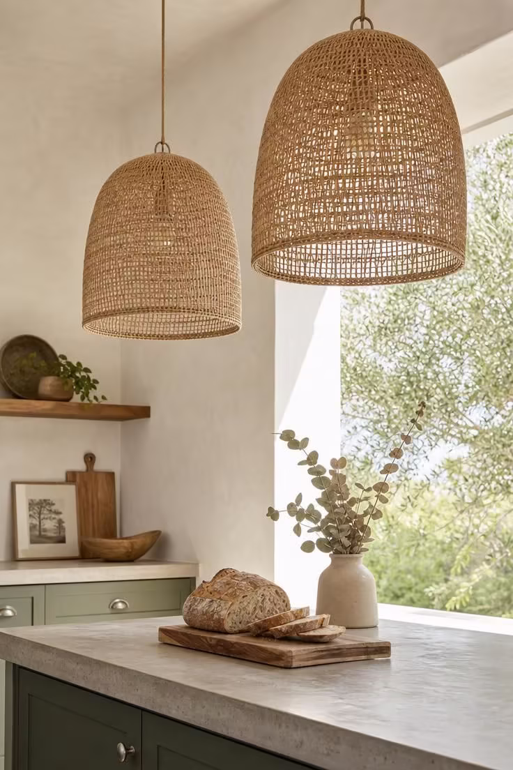 Woven rattan pendant lights hanging above a poured concrete countertop in a bright industrial boho kitchen