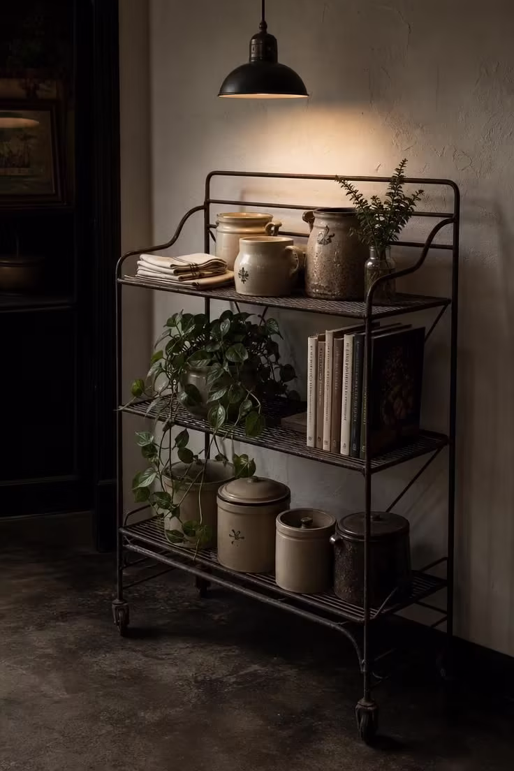 Vintage iron rolling baker's rack styled with stoneware crocks and trailing pothos in a moody industrial boho kitchen
