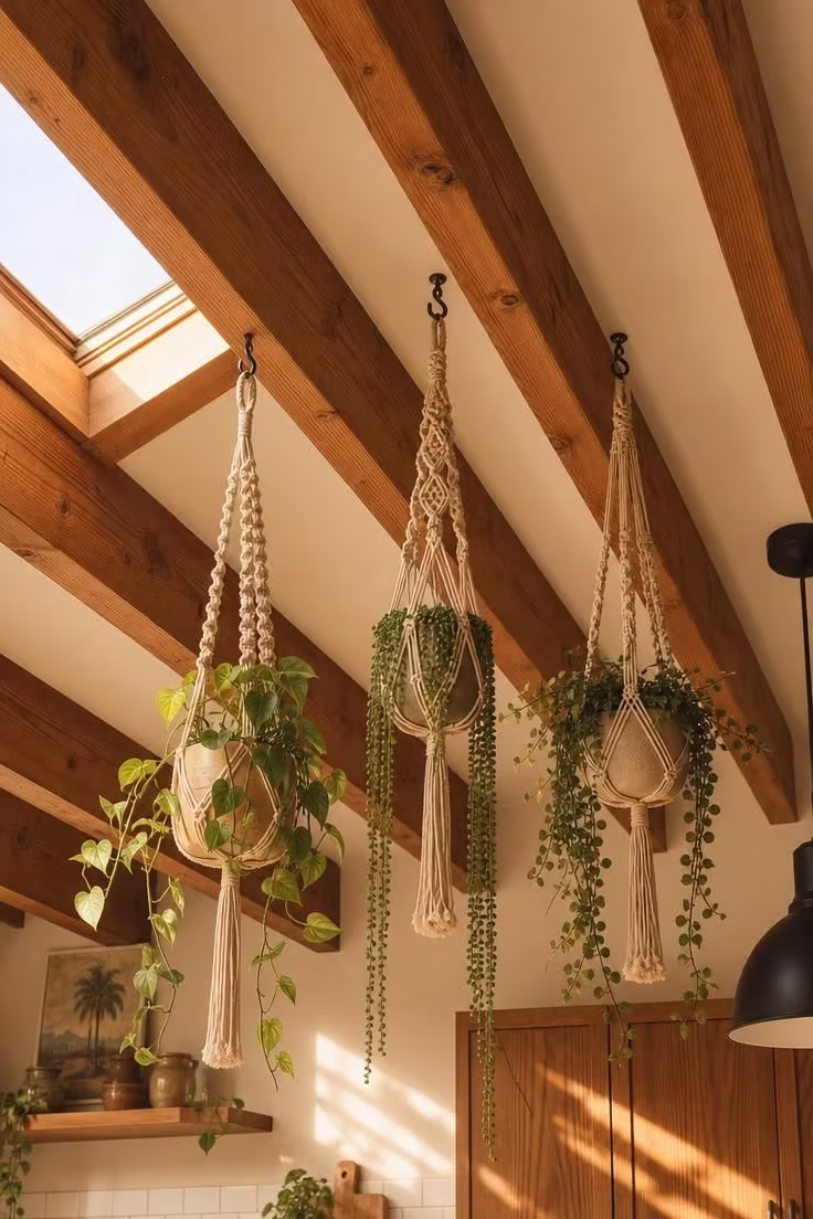 Raw cedar ceiling beams with macramé plant hangers in a warm golden-lit industrial boho kitchen