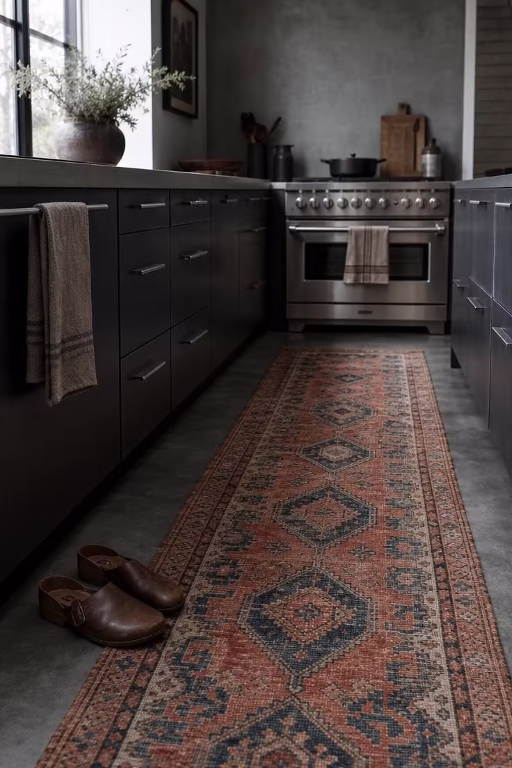 Vintage kilim runner on stained concrete floor in a cool-toned industrial boho kitchen with a steel range