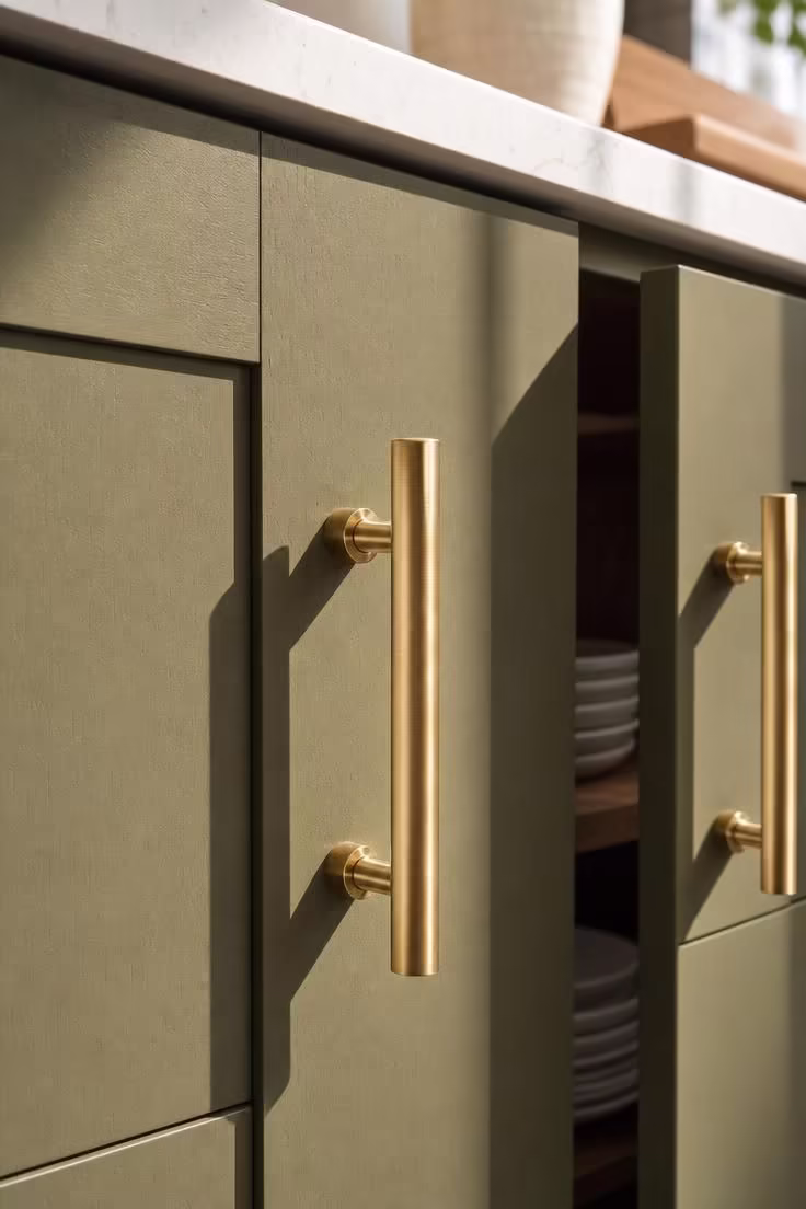 Brushed brass bar pull on a flat-panel olive cabinet door in a bright industrial boho kitchen