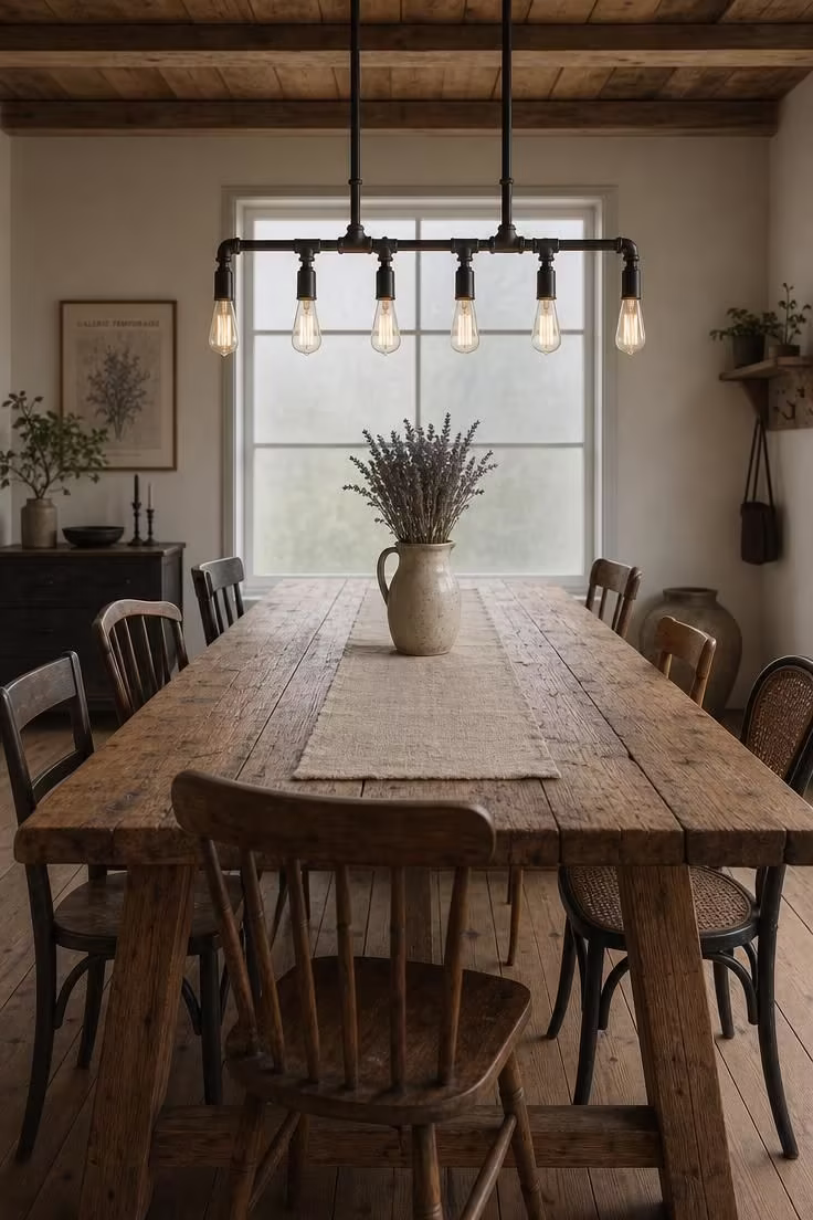 Edison bulb chandelier over a distressed oak dining table in a soft-lit industrial boho kitchen dining area