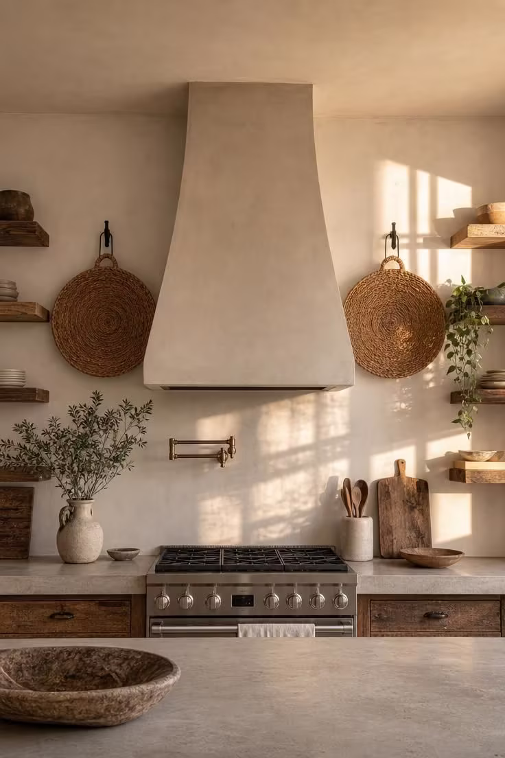 Concrete range hood flanked by woven seagrass baskets in a warm golden-lit industrial boho kitchen