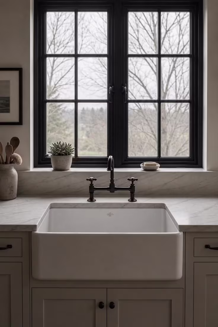 Black steel-frame windows behind a white farmhouse apron sink in a cool-toned industrial boho kitchen