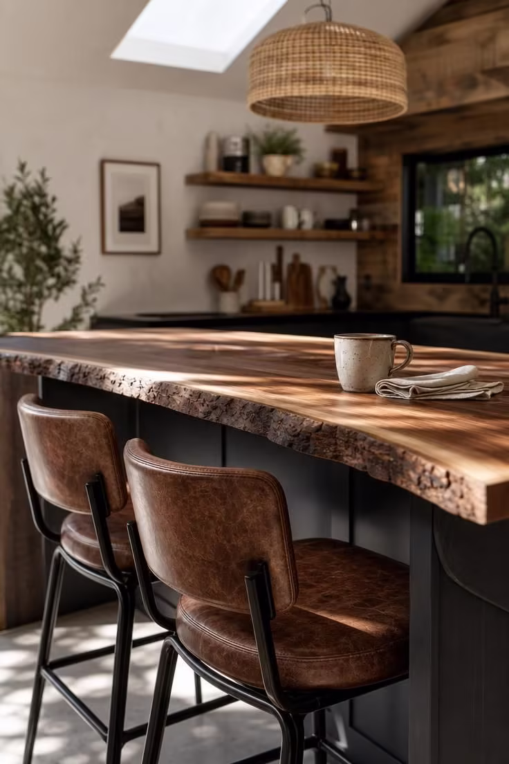 Leather-wrapped bar stools at a live-edge walnut counter in a bright industrial boho kitchen