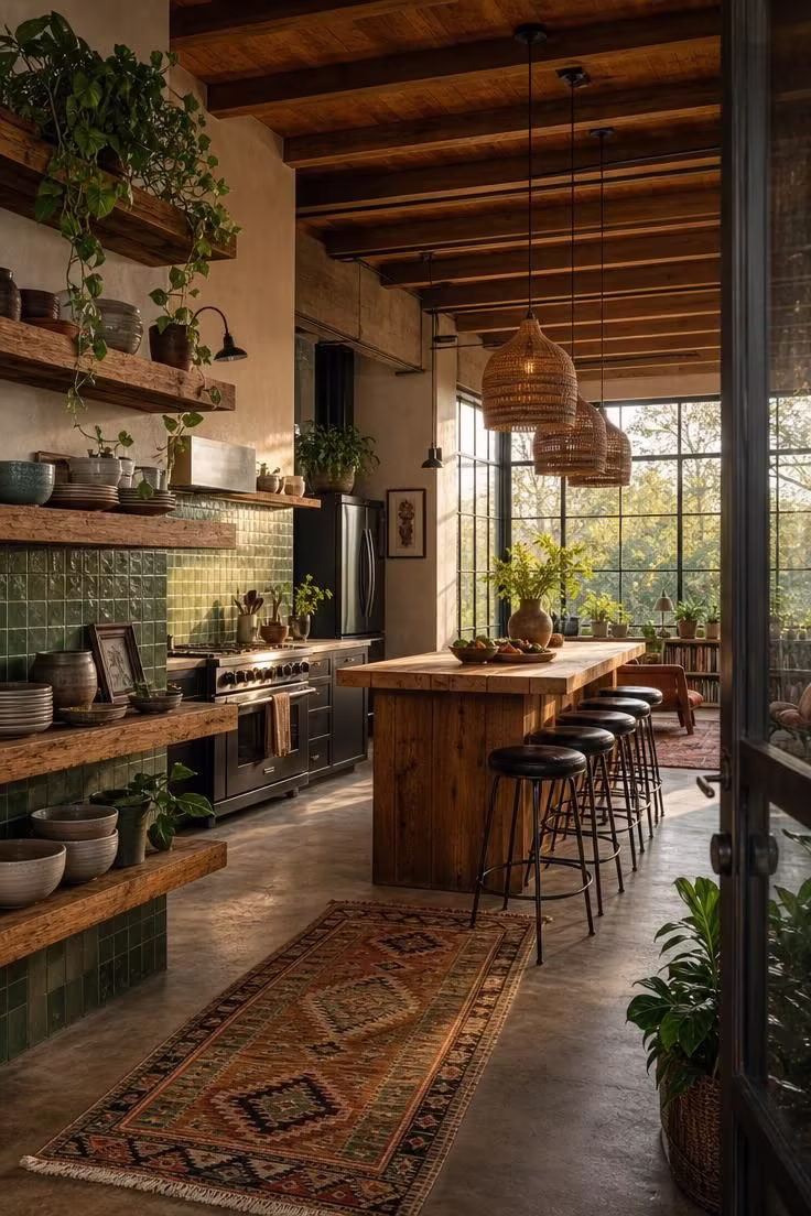 Simple Spaces 22 A wide view of an industrial boho kitchen with butcher block island, zellige tile backsplash, rattan pendants, and reclaimed wood shelves in warm golden light