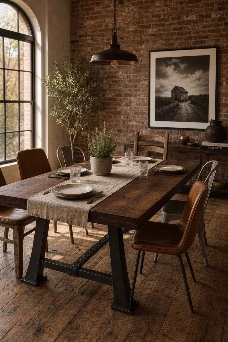Dark walnut trestle dining table with forged iron stretcher bars in a warm industrial dining room with exposed brick and mismatched chairs.