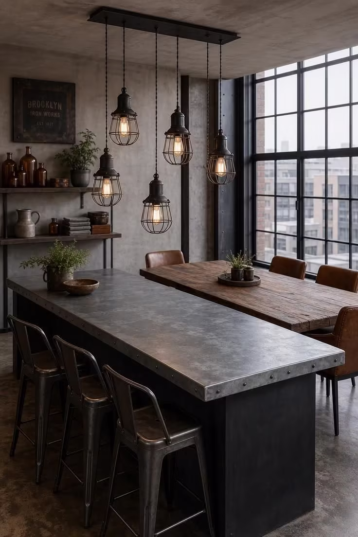 Matte black cage pendant lights clustered at staggered heights over a zinc-top dining bar in a loft-style industrial dining room.