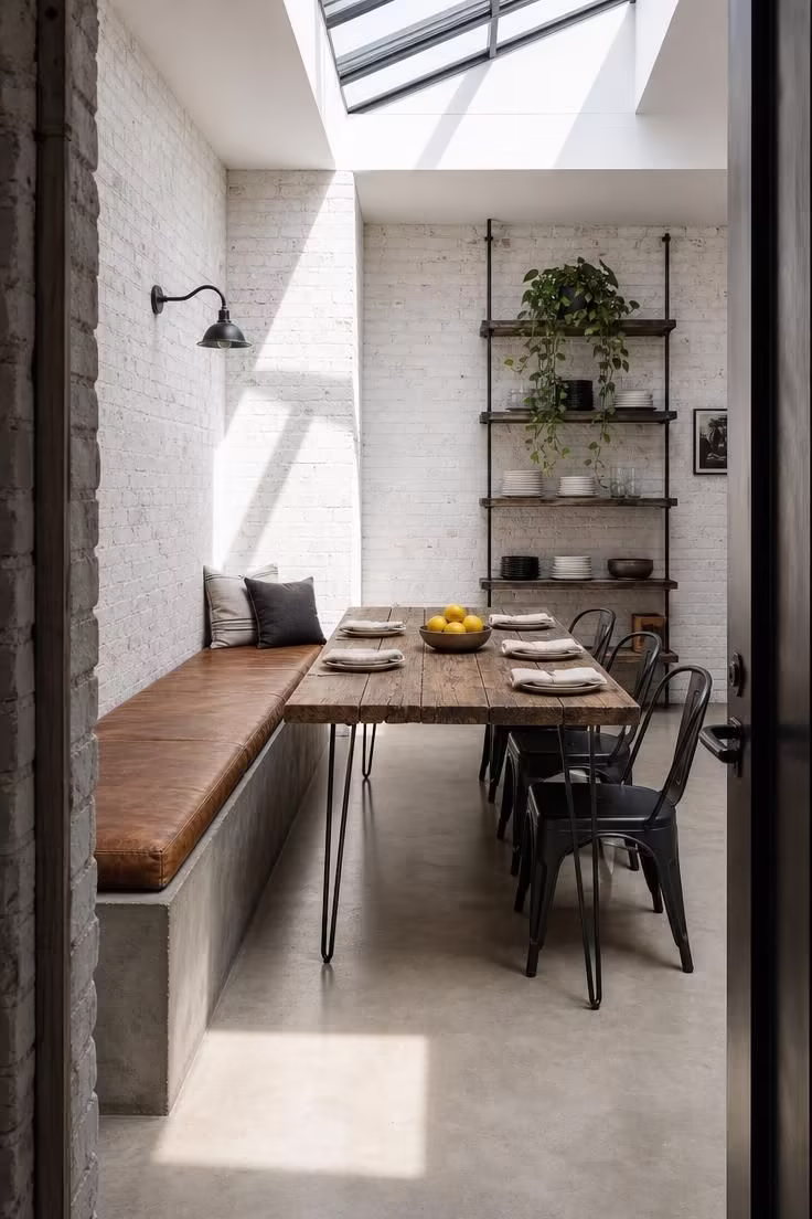 Poured concrete plinth bench with a saddle leather cushion against whitewashed brick in a bright industrial dining room.