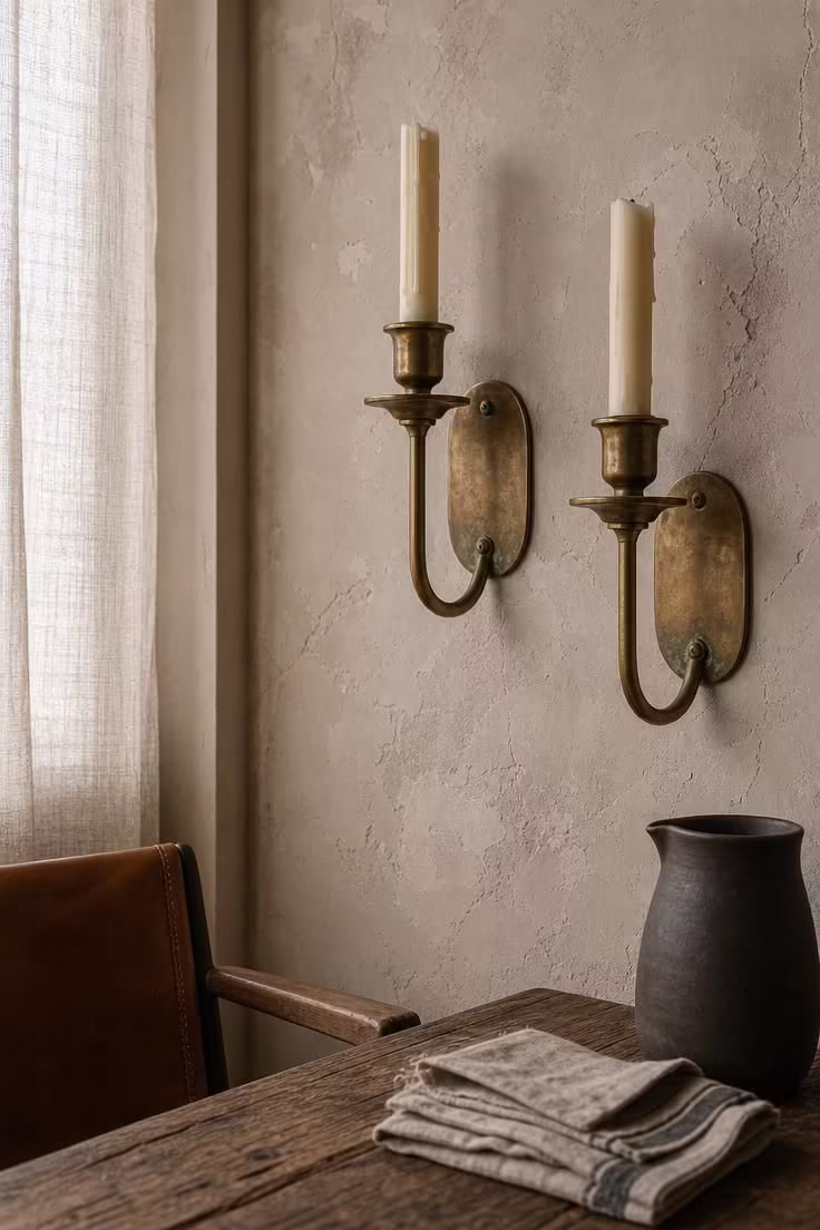 Aged brass candle sconces with ivory taper candles mounted on a raw plaster wall in an industrial dining room.