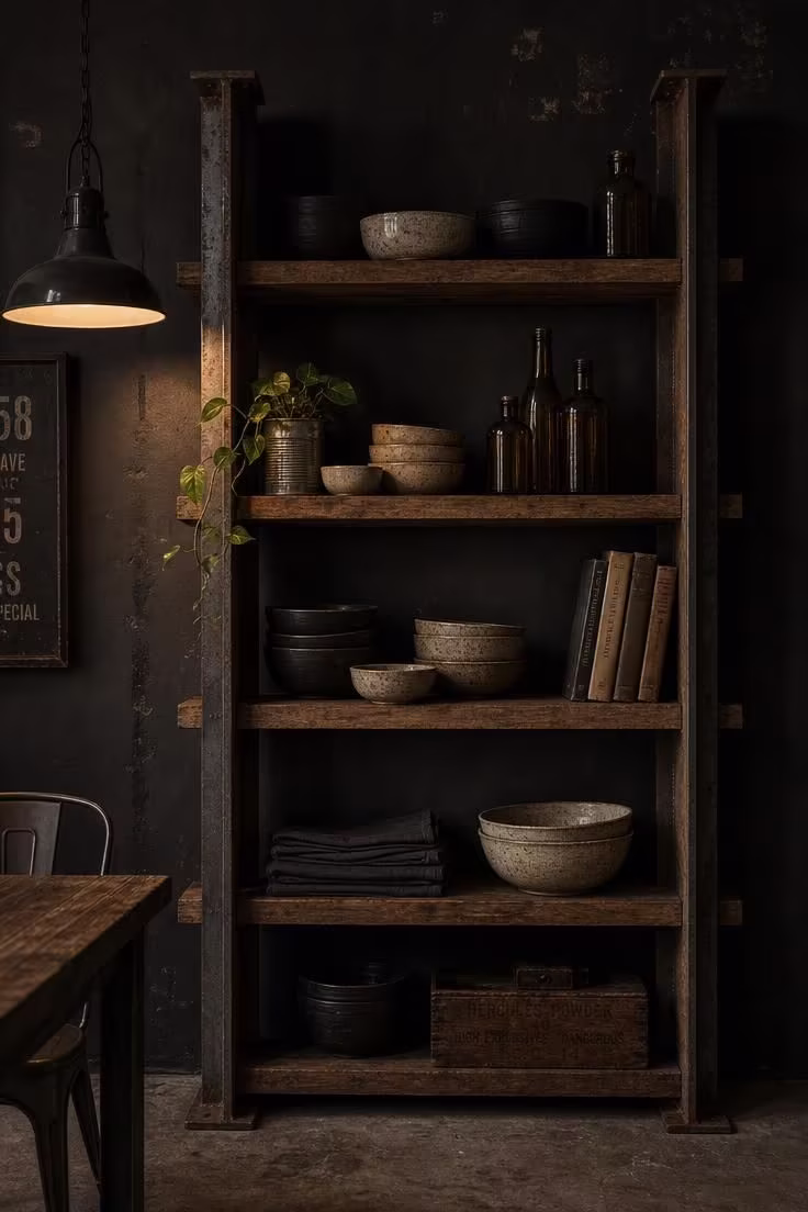 Steel I-beam shelving unit displaying stoneware bowls and amber glass bottles against a dark wall in a moody industrial dining room.