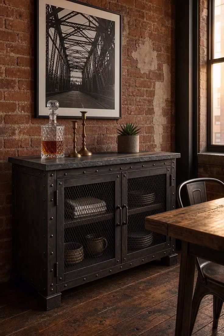 Riveted iron sideboard with a honed soapstone top against an exposed brick wall in a warm industrial dining room.