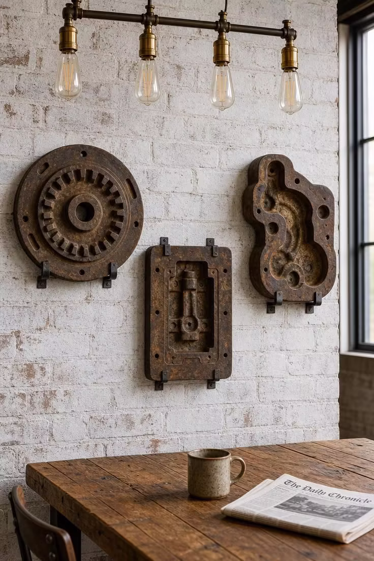 Three antique foundry molds in rusted iron mounted on a whitewashed brick wall as art in a bright industrial dining room.