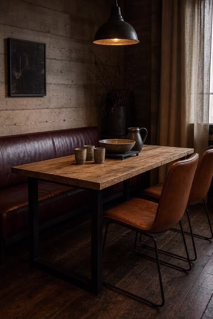 Oxblood leather bench seating tucked under a steel-leg dining table in a moody, low-lit industrial dining room.