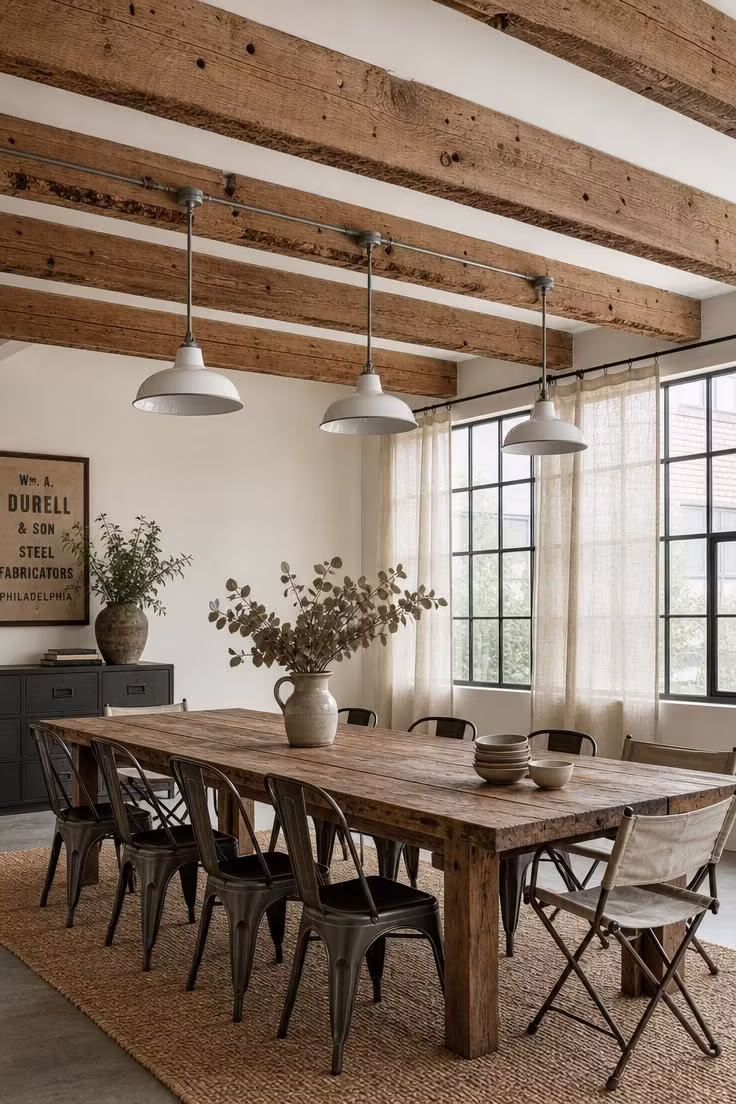 Raw timber ceiling beams with dangling matte white enamel factory shades in a softly lit industrial dining room.