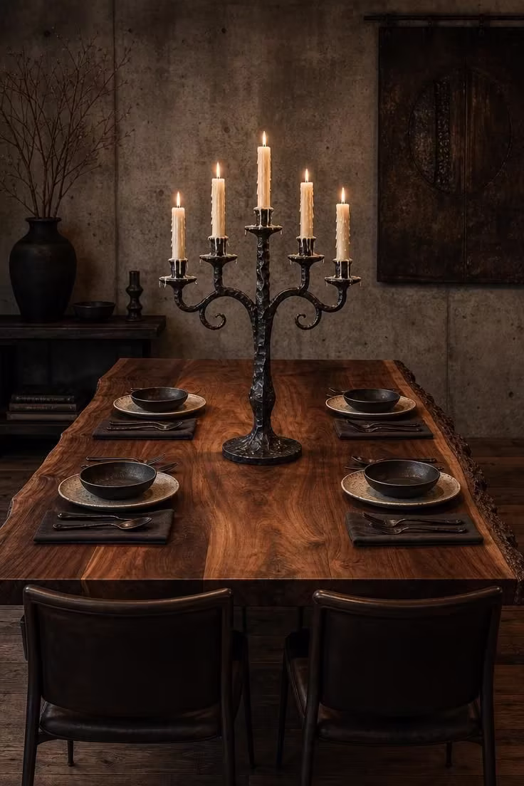 Wrought iron candelabra centerpiece with taper candles on a live-edge walnut slab table in a warm industrial dining room.