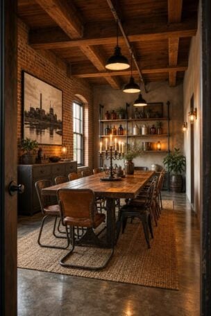 11 Bold Industrial Dining Room Ideas That Feel Collected 15 A complete industrial dining room at golden hour with reclaimed wood table, mismatched chairs, exposed brick, raw timber beams, and enamel factory pendant lights.
