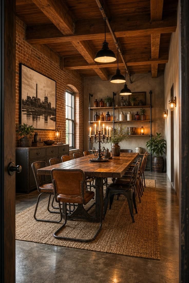 A complete industrial dining room at golden hour with reclaimed wood table, mismatched chairs, exposed brick, raw timber beams, and enamel factory pendant lights.