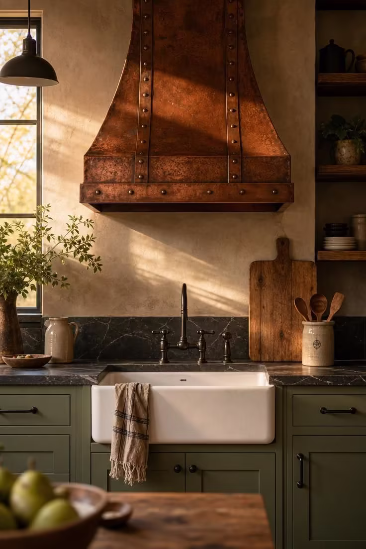 11 Cozy Industrial Farmhouse Kitchen Ideas That Deliver 1 Hammered copper range hood with visible rivets above a white fireclay apron front sink in an industrial farmhouse kitchen with sage green cabinets