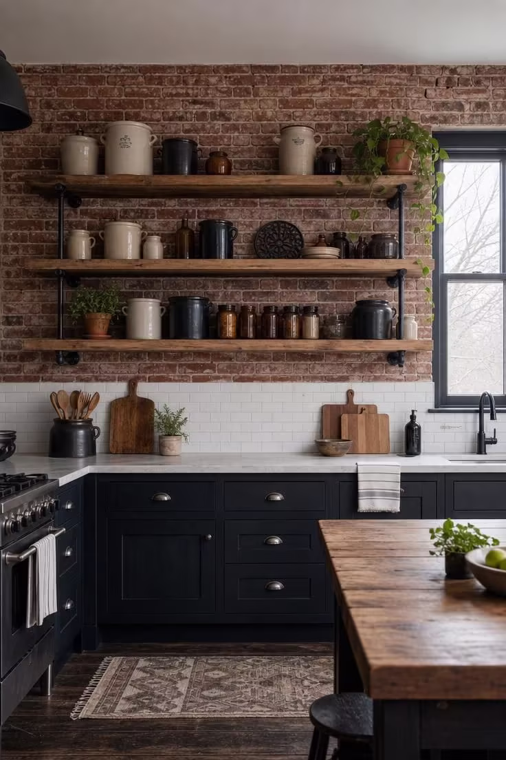 11 Cozy Industrial Farmhouse Kitchen Ideas That Deliver 2 Three tiers of reclaimed pine shelving on black iron pipe brackets mounted on red brick veneer in an industrial farmhouse kitchen