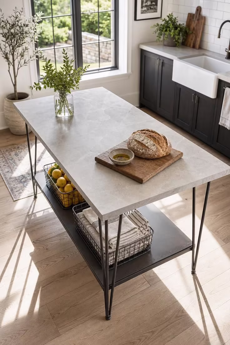 11 Cozy Industrial Farmhouse Kitchen Ideas That Deliver 3 Freestanding kitchen island with concrete-look porcelain top on steel hairpin legs in a bright industrial farmhouse kitchen