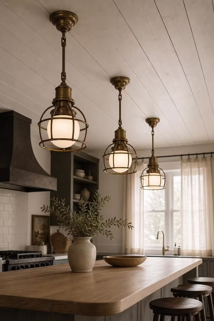 11 Cozy Industrial Farmhouse Kitchen Ideas That Deliver 4 Three aged brass cage pendant lights hanging from a white plank ceiling over a white oak counter in an industrial farmhouse kitchen