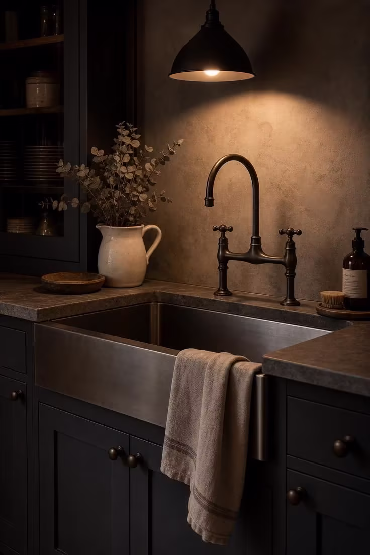 11 Cozy Industrial Farmhouse Kitchen Ideas That Deliver 5 Charcoal shaker cabinets with oil-rubbed bronze cross-handle bridge faucet over a stainless steel sink in an industrial farmhouse kitchen