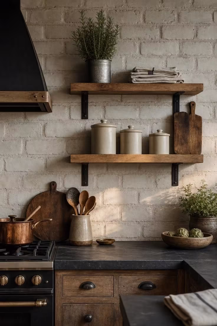 11 Cozy Industrial Farmhouse Kitchen Ideas That Deliver 6 Whitewashed brick backsplash with floating white oak shelves holding ceramic canisters in an industrial farmhouse kitchen