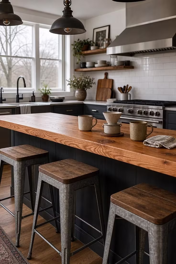 11 Cozy Industrial Farmhouse Kitchen Ideas That Deliver 7 Three galvanized steel stools with wooden seats at a Douglas Fir bar counter in an industrial farmhouse kitchen