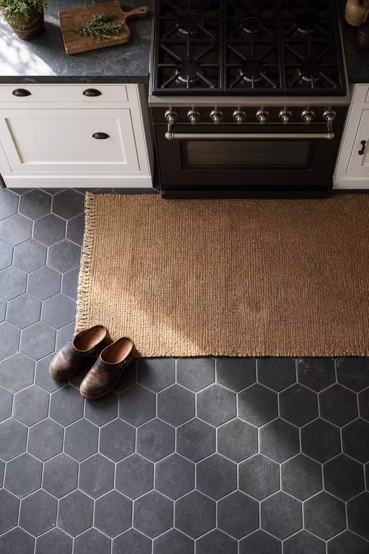 11 Cozy Industrial Farmhouse Kitchen Ideas That Deliver 8 Charcoal slate hexagonal floor tiles with a natural jute runner in an industrial farmhouse kitchen