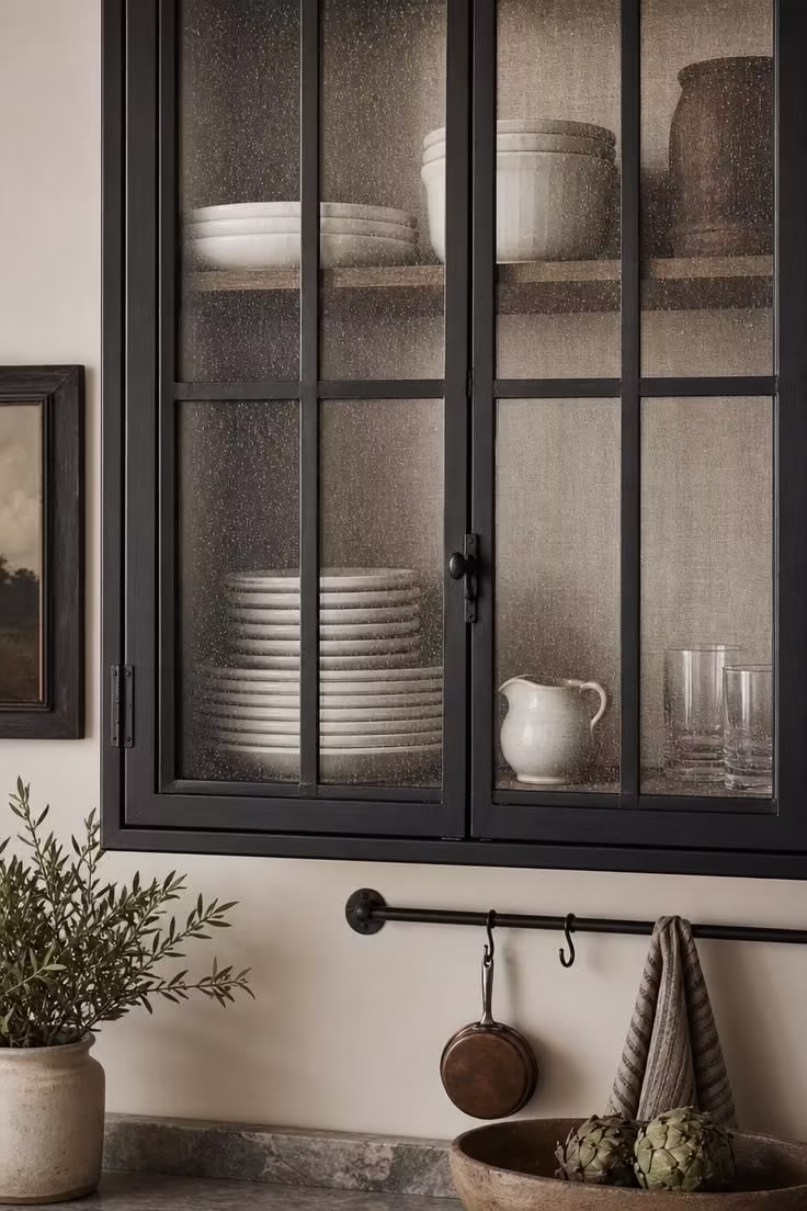 11 Cozy Industrial Farmhouse Kitchen Ideas That Deliver 9 Glass-front cabinets with black iron mullion frames and linen-lined interiors displaying white stoneware in an industrial farmhouse kitchen
