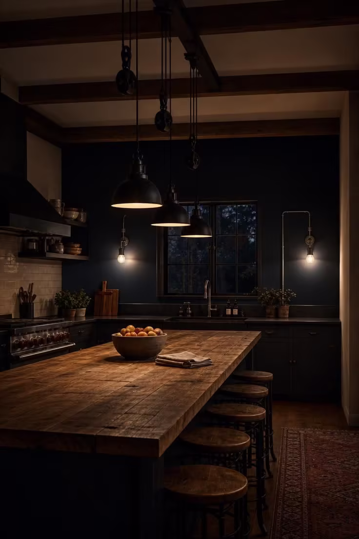 11 Cozy Industrial Farmhouse Kitchen Ideas That Deliver 10 Adjustable pulley pendants and exposed conduit wall sconces creating layered lighting in an industrial farmhouse kitchen