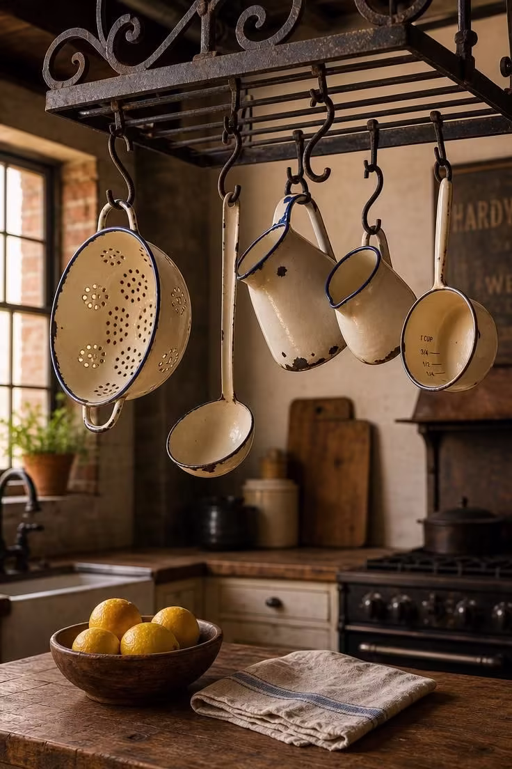 11 Cozy Industrial Farmhouse Kitchen Ideas That Deliver 11 Vintage enamelware collection hanging from a wrought iron ceiling pot rack above a butcher block countertop in an industrial farmhouse kitchen